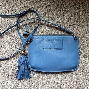 Tory Burch Pebble Montego Blue Tassel-Accent Leather Crossbody Bag Purse Handbag